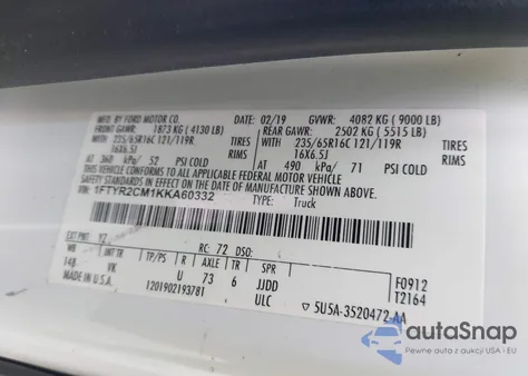 2019 Ford Transit-250 from USA, damaged, VIN 1FTYR2CM1KKA60332